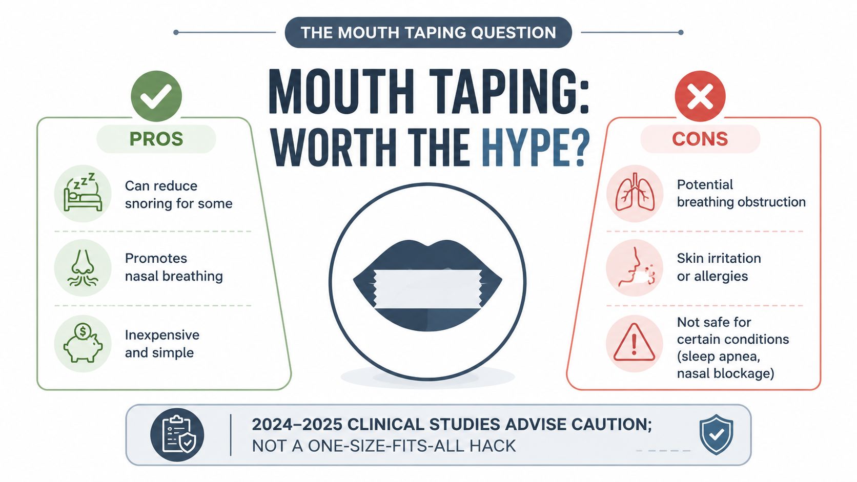 An infographic titled The Mouth Taping Question presenting the pros and cons of mouth taping for sleep.