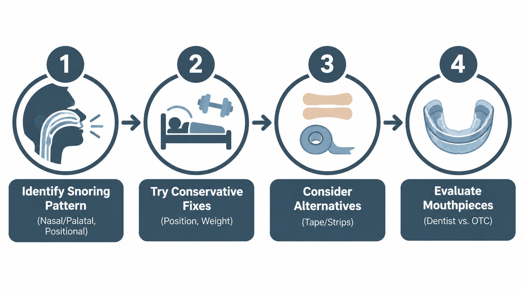 A four-step infographic illustrating a process for identifying and treating snoring patterns using various corrective methods.