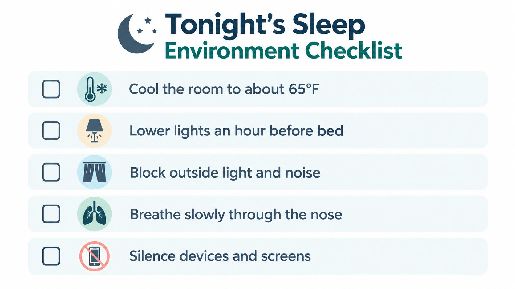 A sleep environment checklist featuring tips for a better night's rest in a clean, graphical list format.