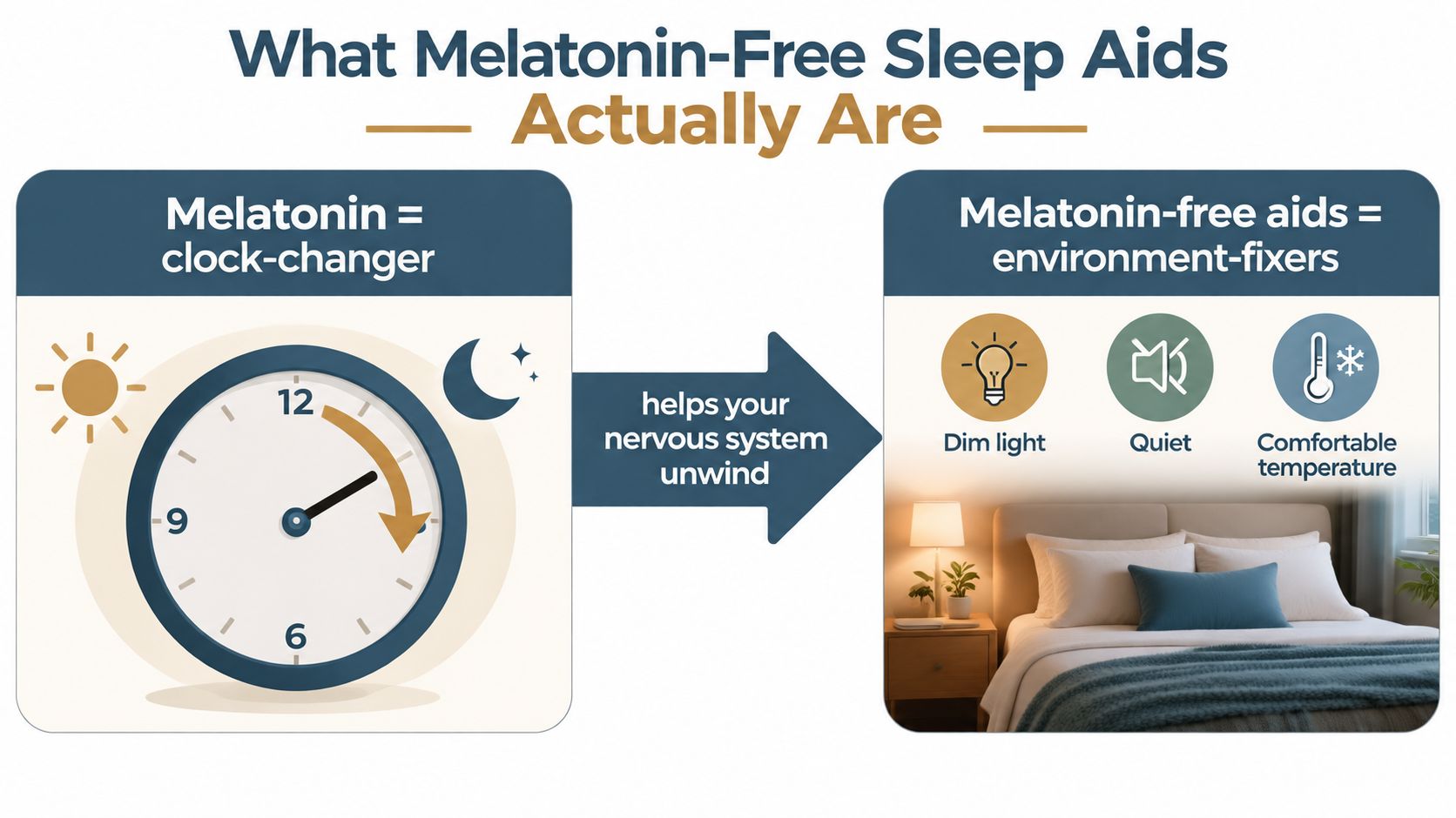 An infographic illustrating melatonin as a clock-changer versus melatonin-free sleep aids as environment-fixers for better rest.