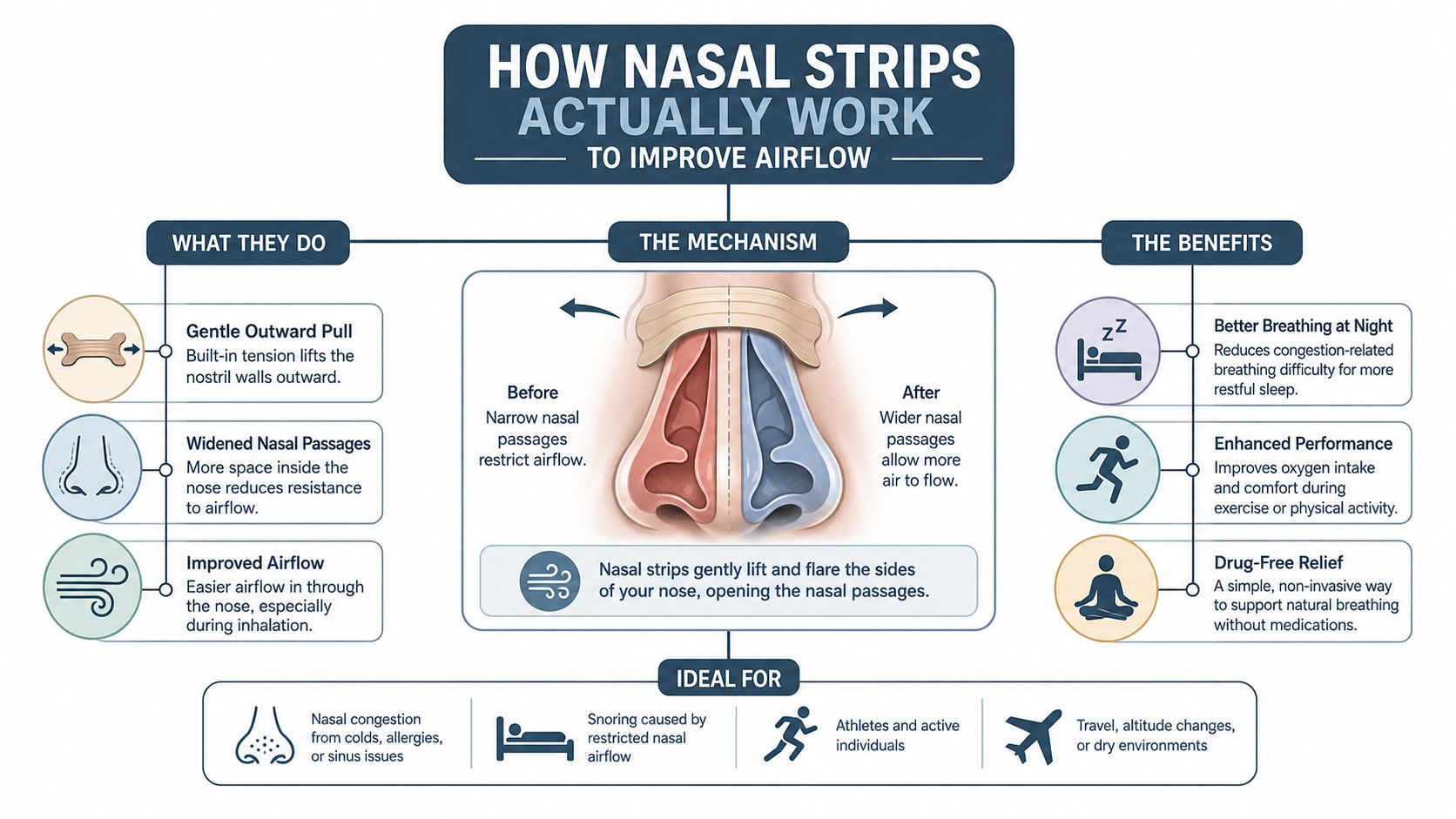 An infographic explaining how nasal strips work by widening nasal passages to improve airflow and reduce snoring.