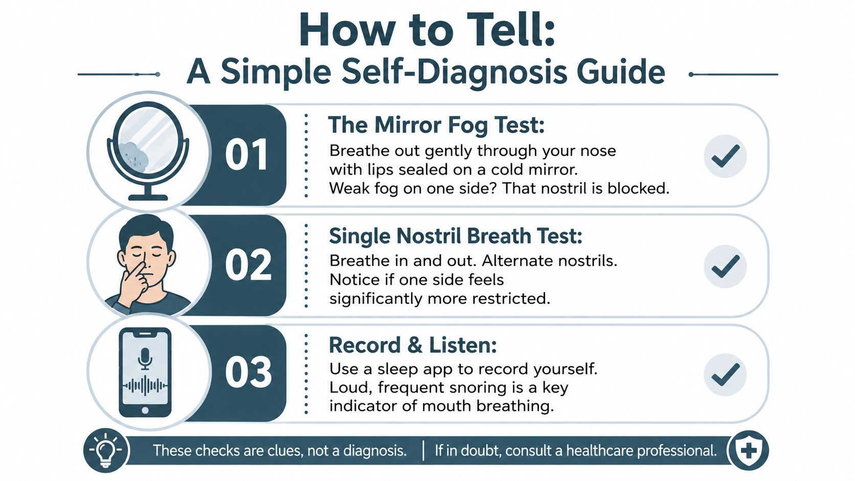 An infographic detailing three simple self-diagnosis tests for checking mouth breathing, including mirror, nostril, and recording tests.