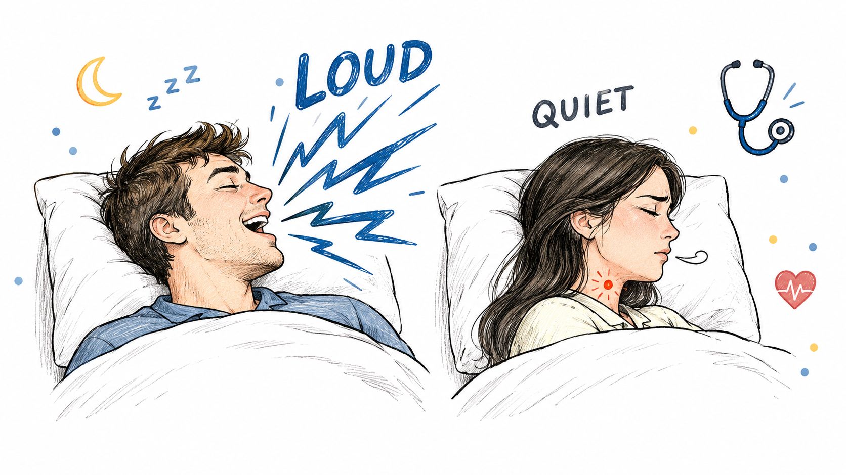 A split illustration comparing a loud snoring man to a quiet sleeping woman, symbolizing sleep apnea symptoms.