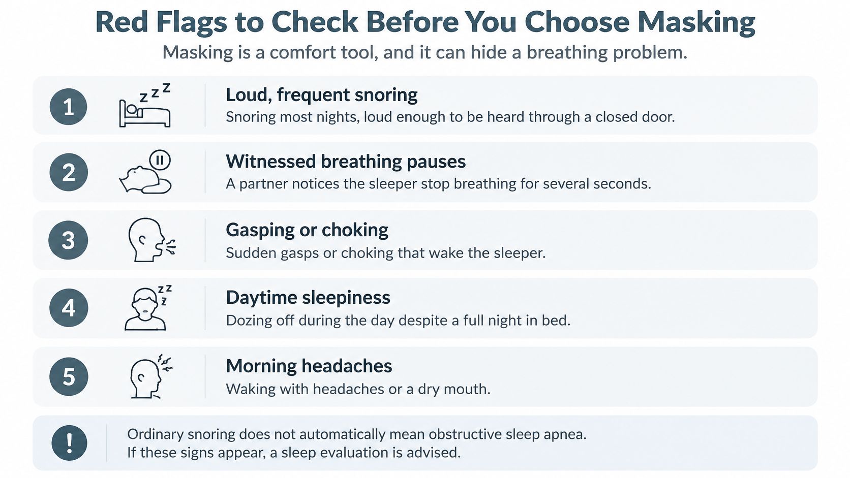 A list of five red flags suggesting potential sleep apnea that should be checked before using white noise.