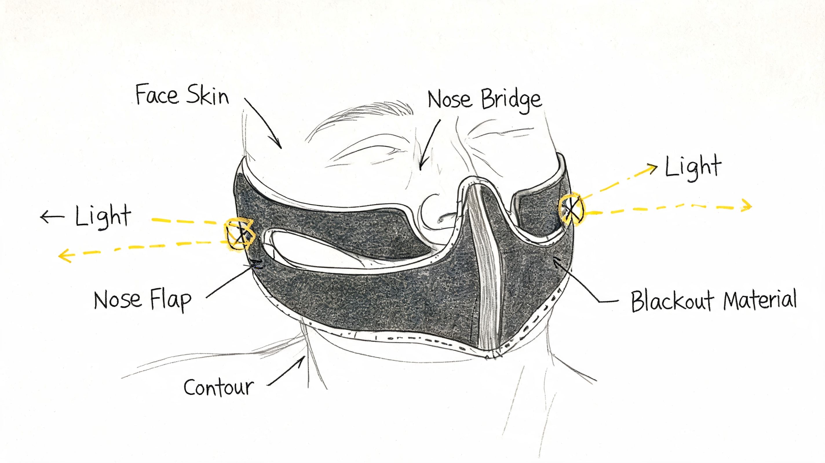 A diagram illustrating the design features of an eye mask, highlighting light-blocking materials and face contours.