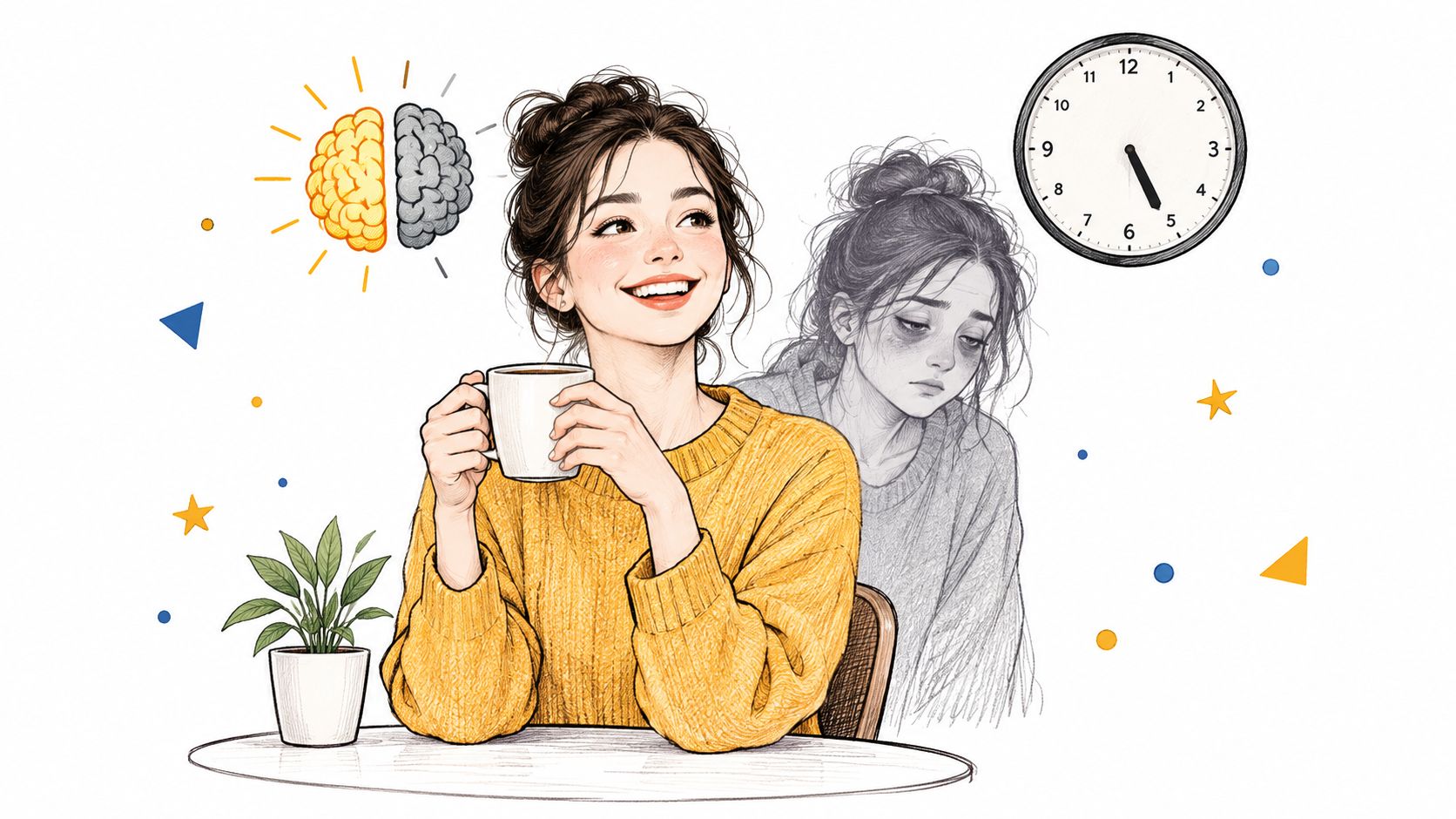 A woman drinking coffee while contrasting her happy self with a tired, sleep-deprived version behind her.