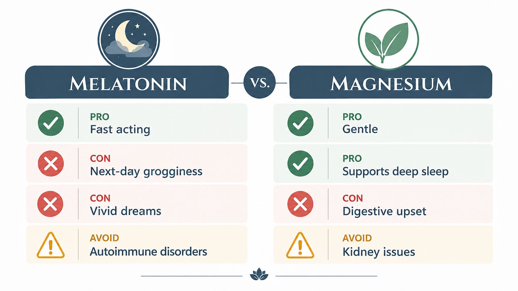 A comparison chart showing the pros, cons, and precautions of using melatonin versus magnesium for sleep support.