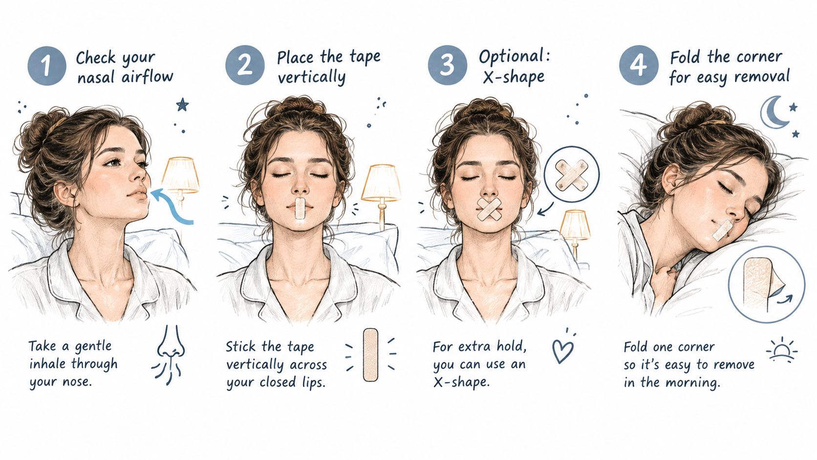A four-step illustration demonstrating the proper method for applying mouth tape to improve sleep quality.