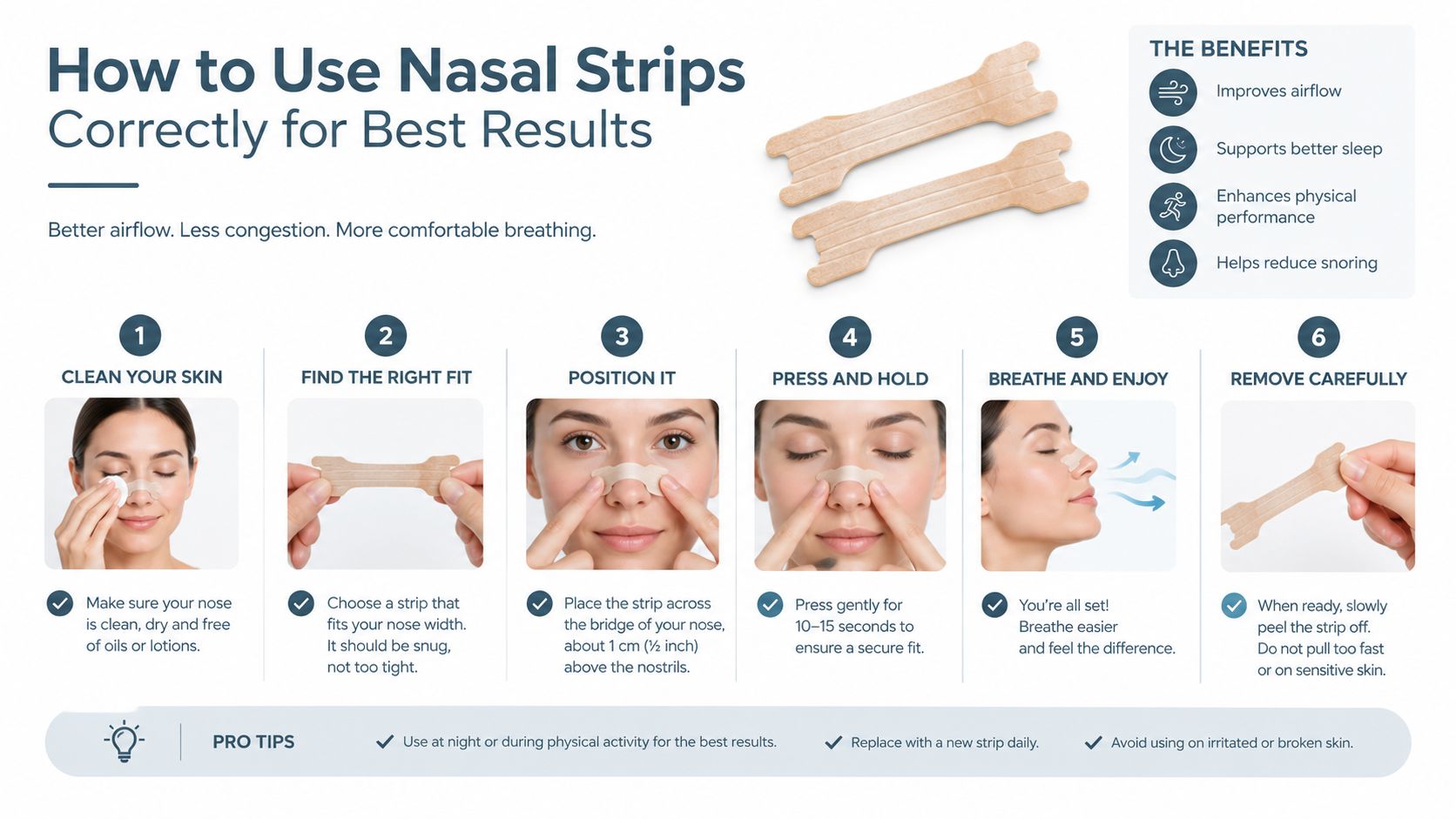 A six-step instructional guide on how to correctly apply and remove nasal strips for better breathing.