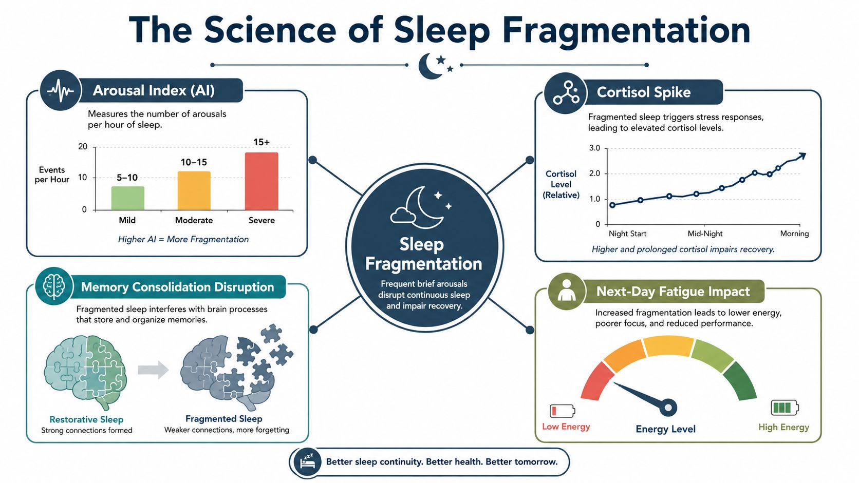 An infographic titled The Science of Sleep Fragmentation explaining its negative impacts on health and memory.