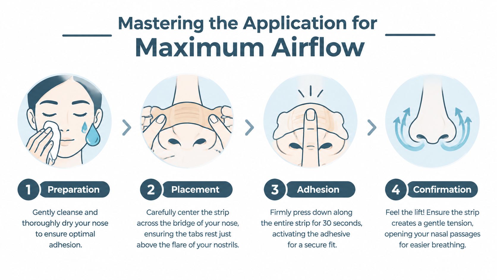 A step-by-step instructional infographic showing how to correctly apply a nasal strip for better breathing.