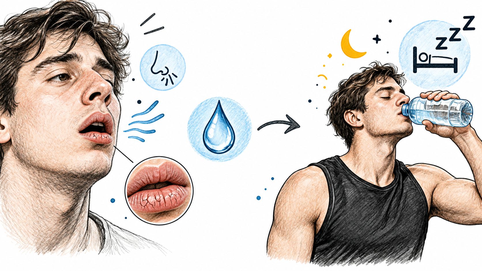 A hand-drawn illustration showing a man with dry lips breathing air, transitioning to the same man drinking water before sleep.