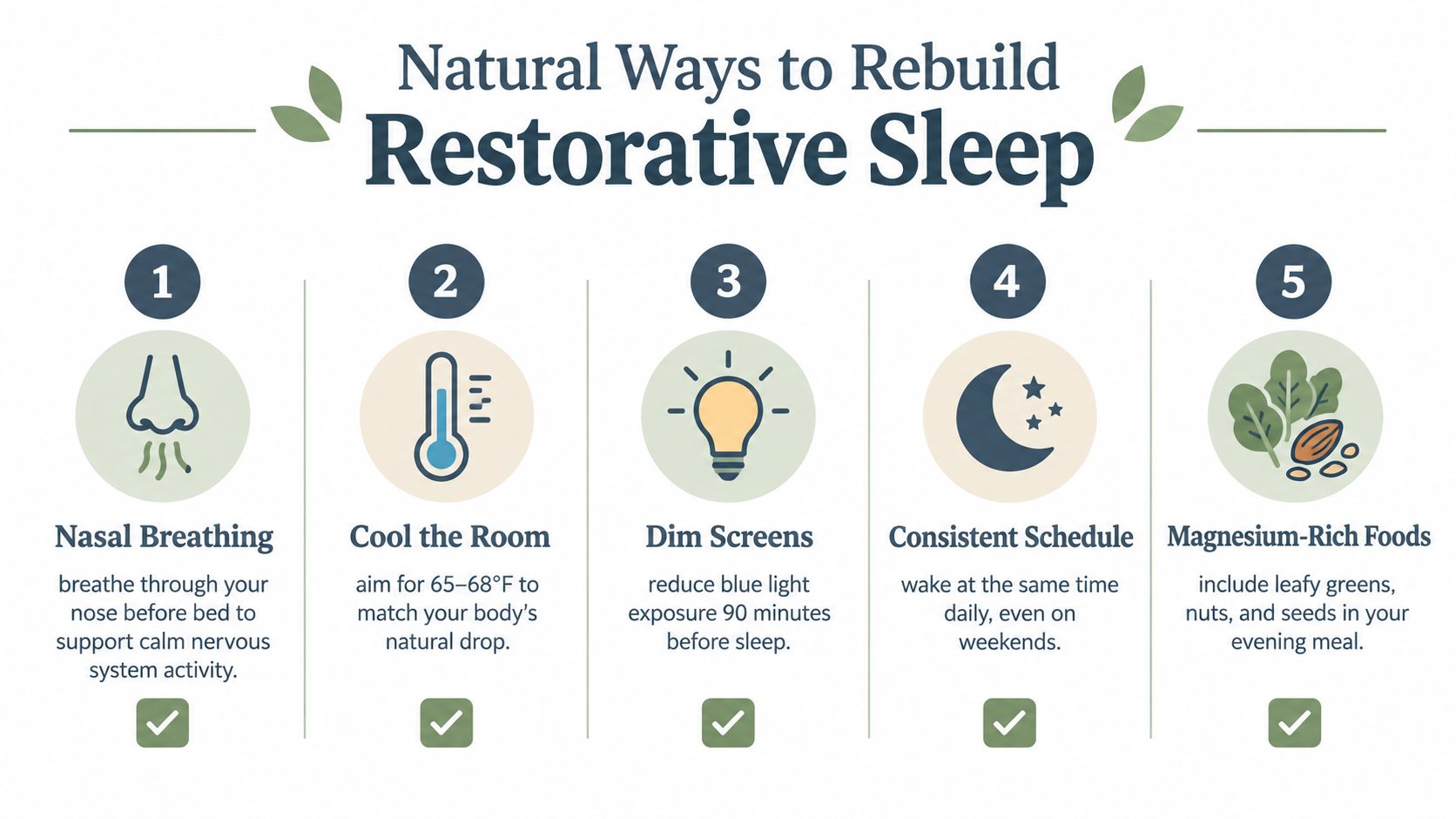 An infographic titled Natural Ways to Rebuild Restorative Sleep featuring five tips with corresponding icons.
