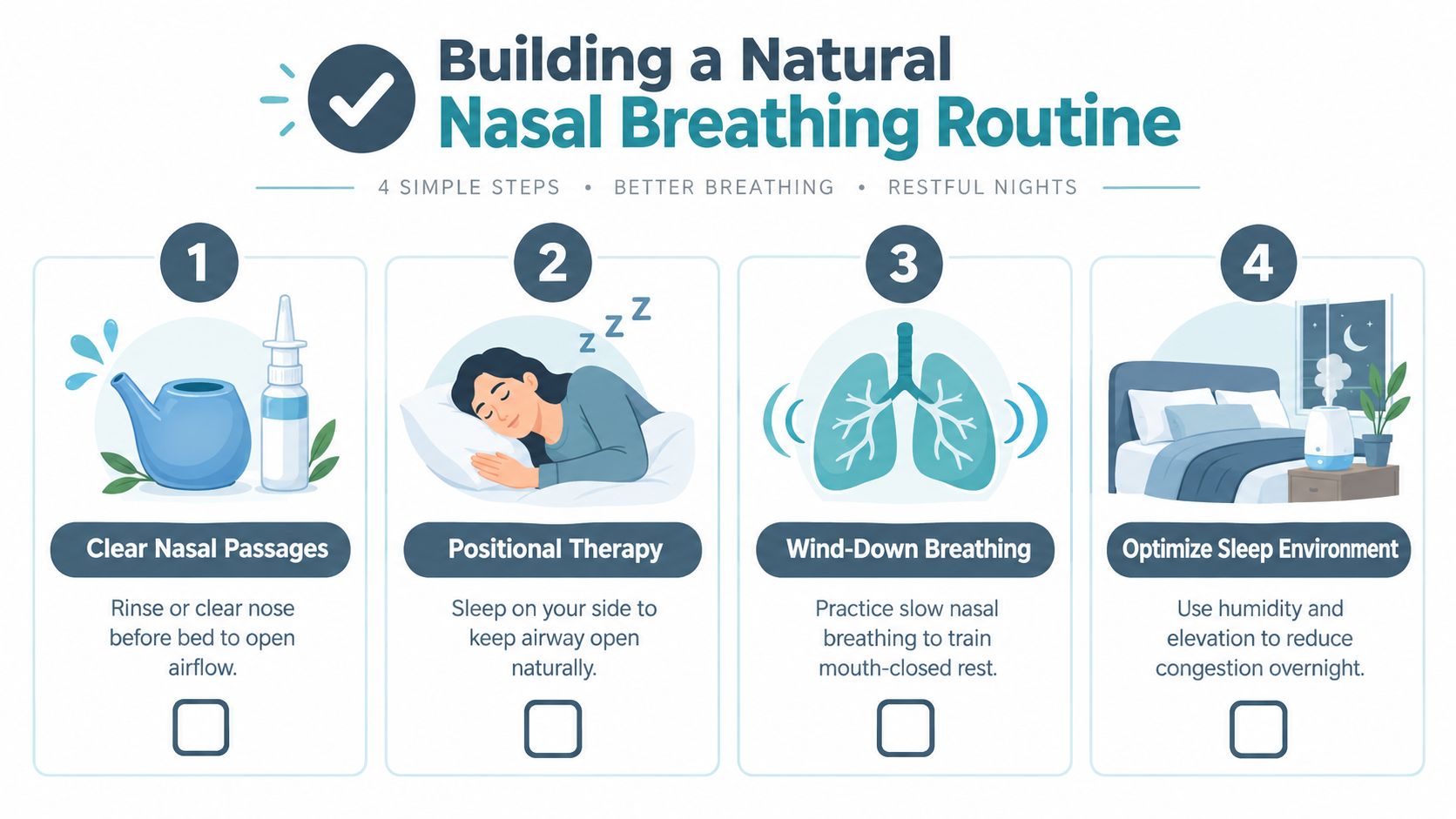 An infographic showing four simple steps to build a natural nasal breathing routine for better sleep quality.
