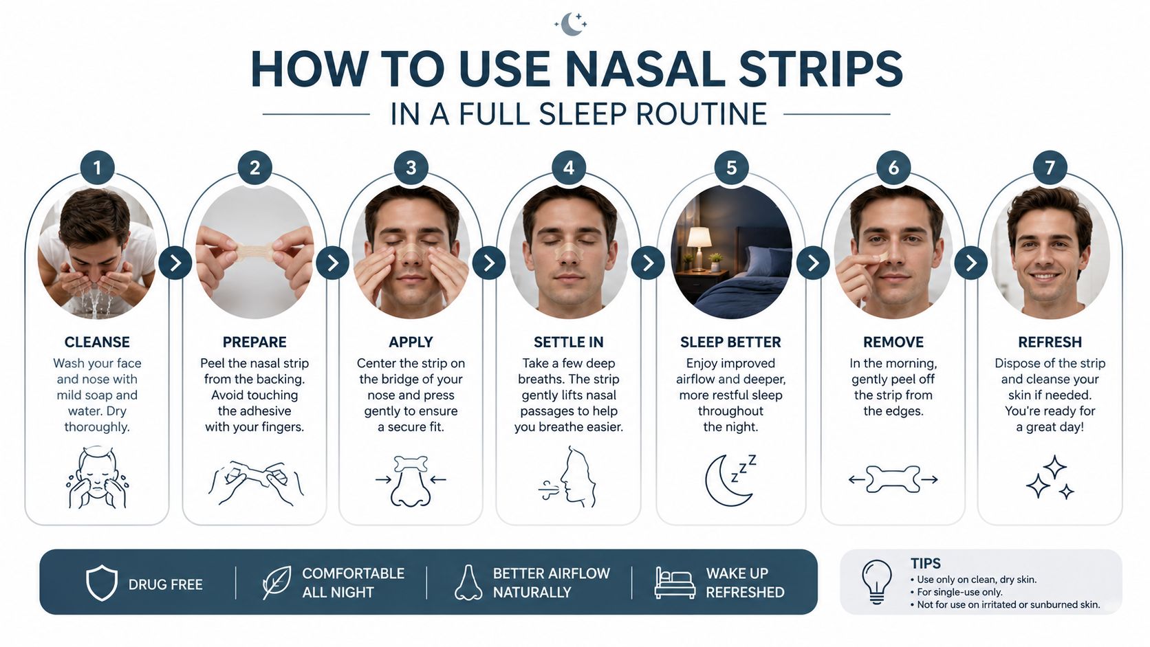 A seven step infographic showing a man demonstrating how to properly apply and remove nasal strips.