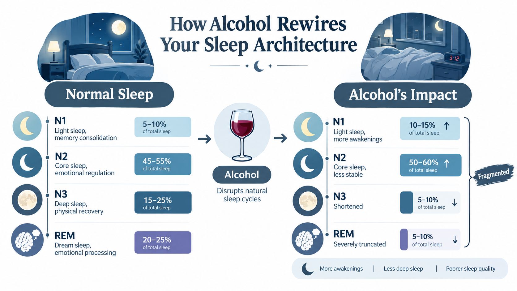 An infographic showing how alcohol consumption negatively disrupts sleep architecture and reduces quality of sleep.