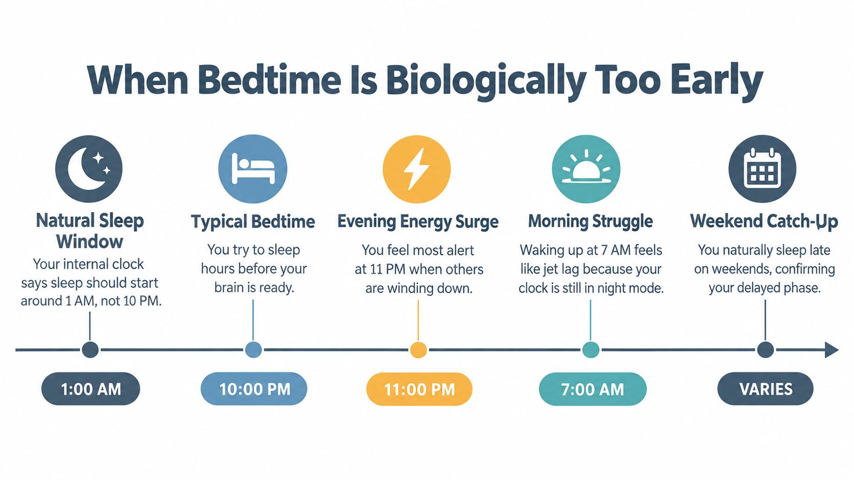 An infographic illustrating signs that your bedtime might be biologically set too early for your internal clock.
