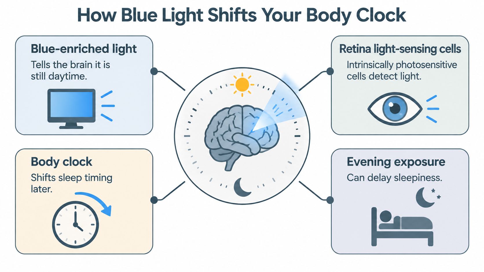 A diagram explaining how blue light from screens affects the human body clock and delays sleep onset.