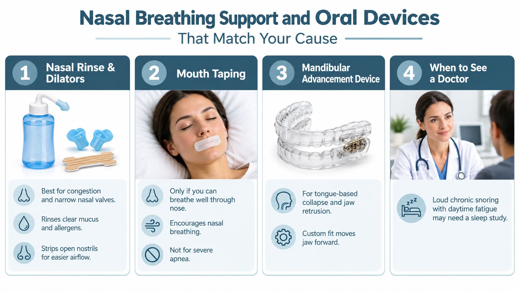 An infographic showing various nasal breathing supports, oral devices, and when to consult a medical professional.
