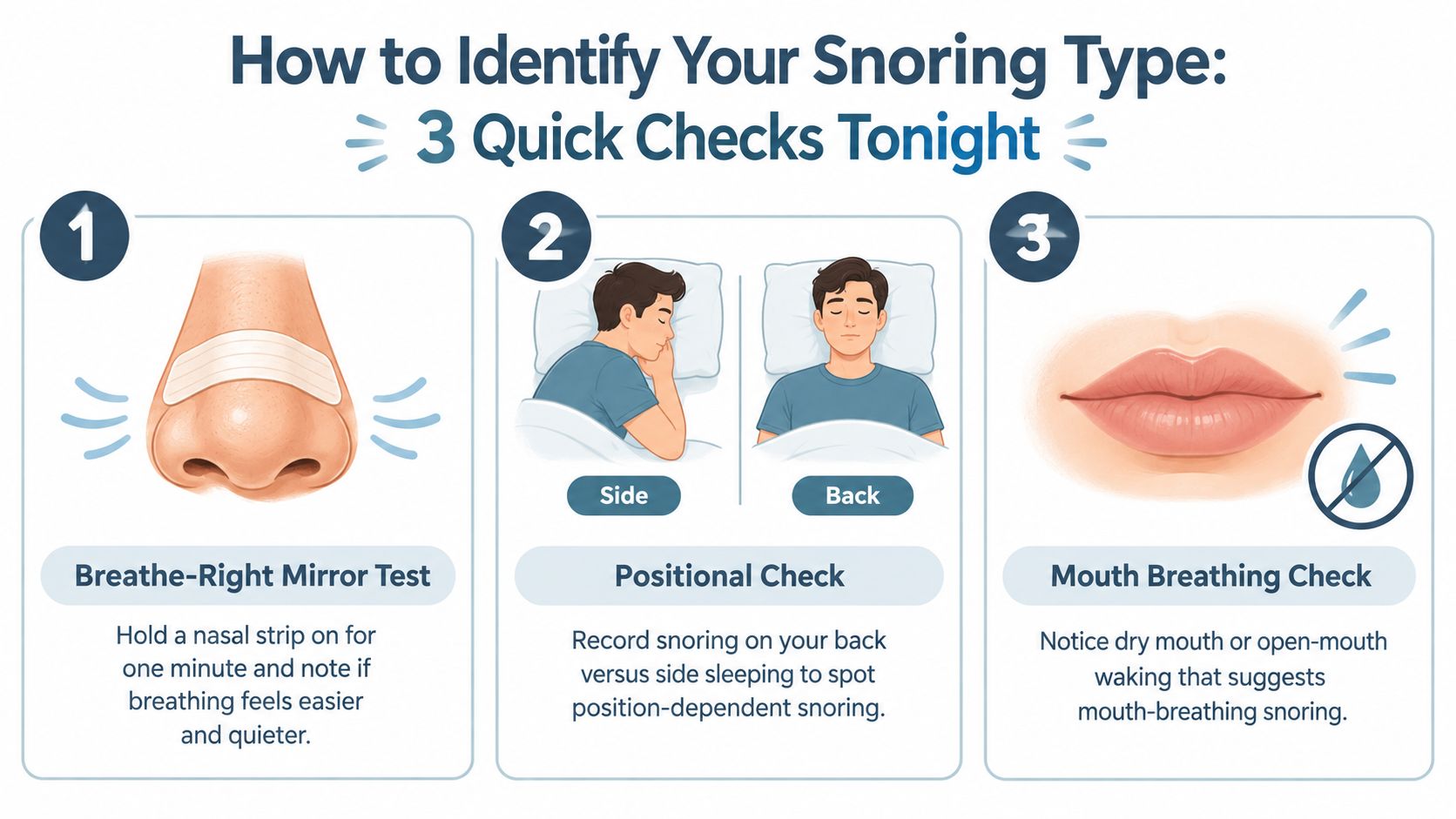 An infographic showing three quick diagnostic checks to help identify the type of snoring you experience.