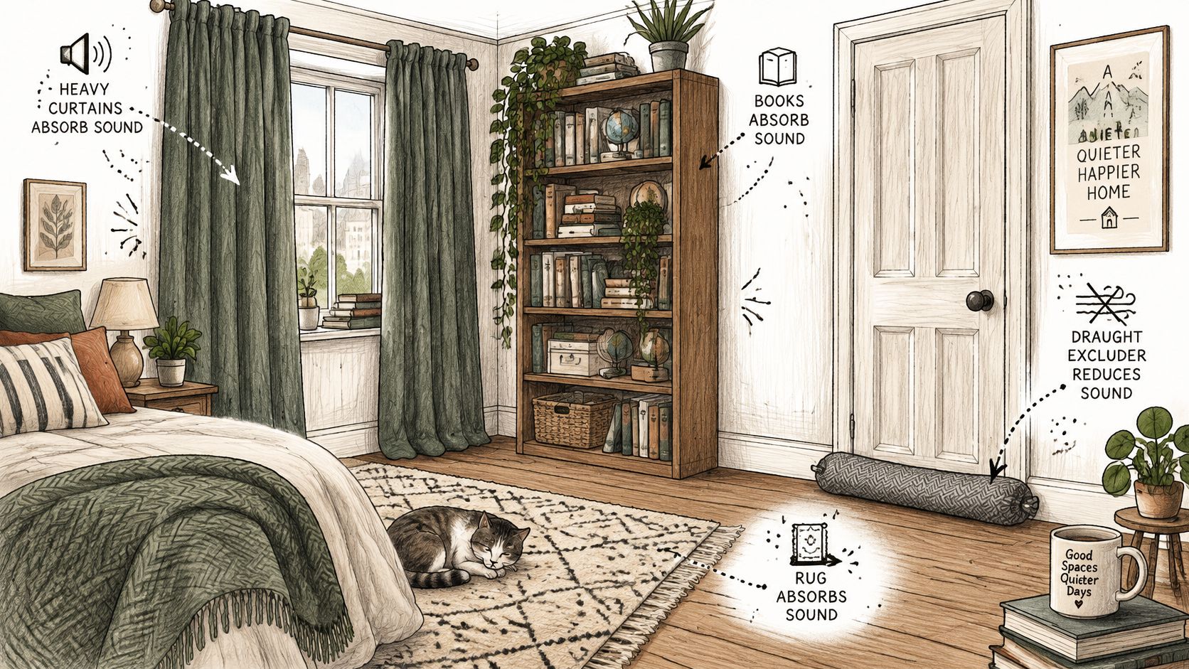 A cozy bedroom illustration showing home decor items like curtains, rugs, and books that help reduce noise.
