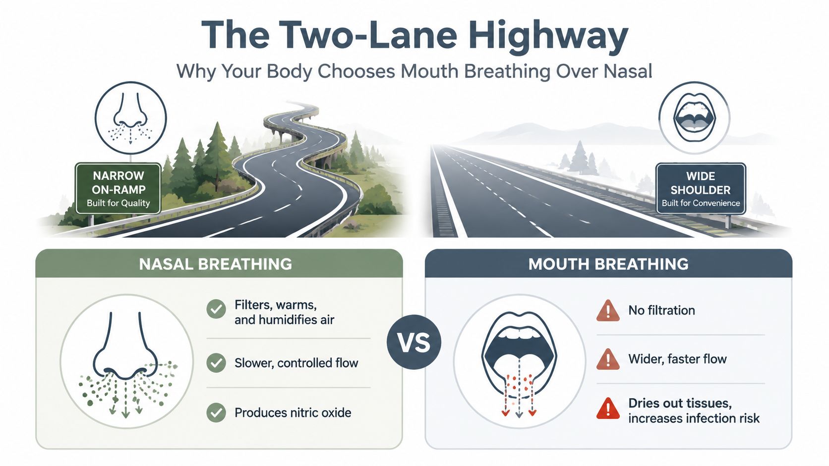 An infographic comparing nasal breathing and mouth breathing as a two-lane highway to explain physiological differences.