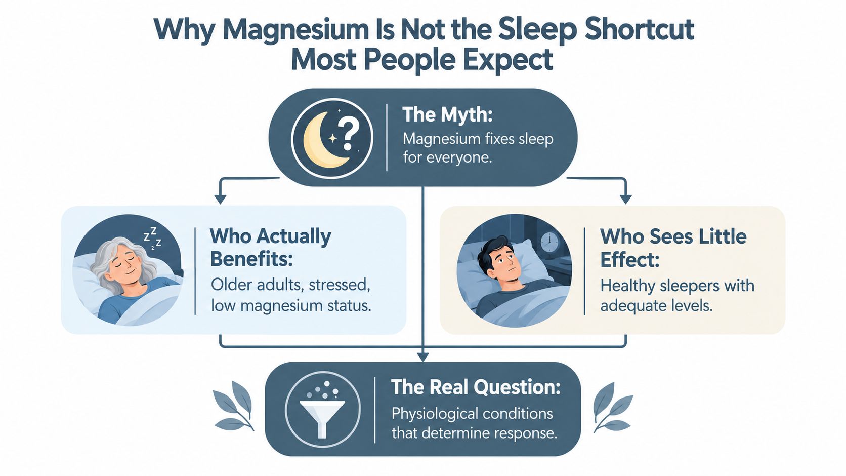An infographic titled Why Magnesium Is Not the Sleep Shortcut Most People Expect, showing who benefits from magnesium.
