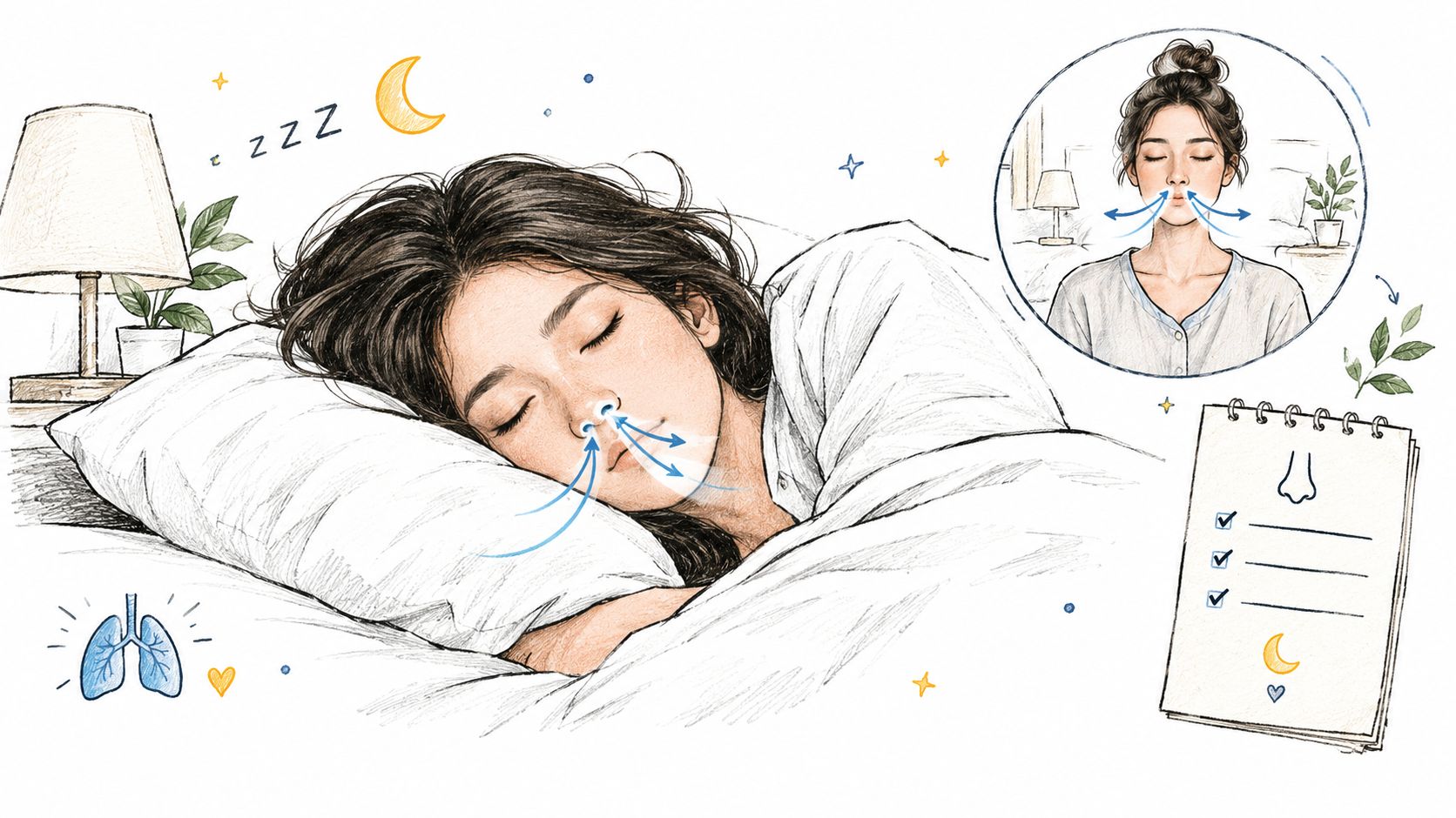 A woman sleeping comfortably while nose breathing with a notebook and lung icons nearby.