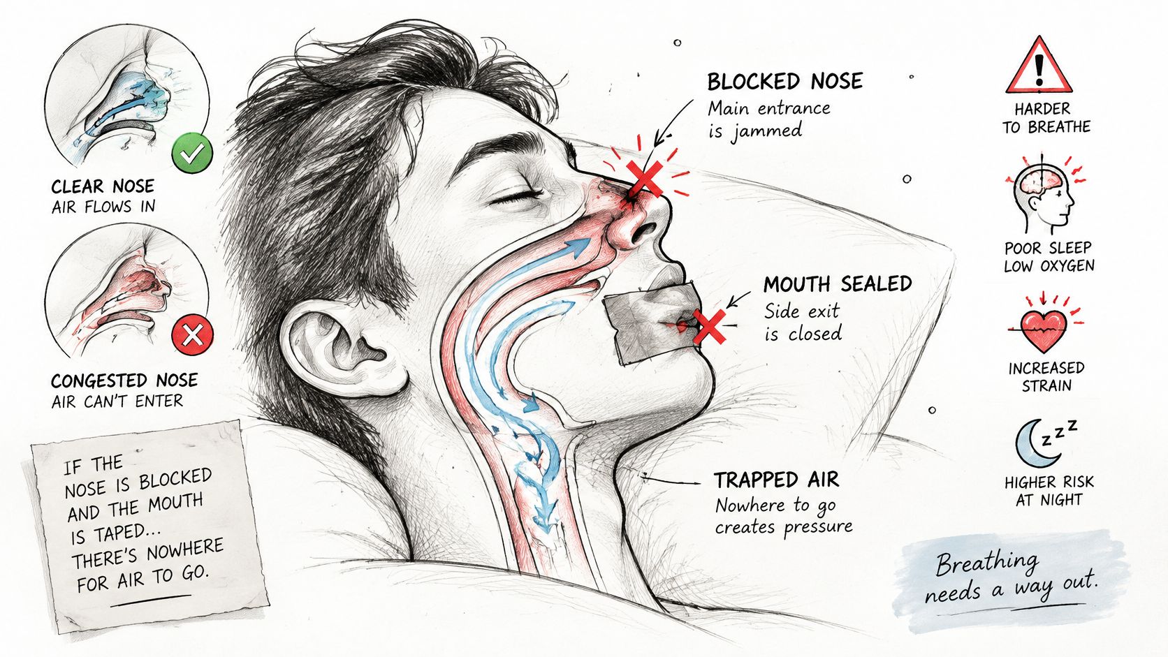 A diagram illustrating the dangers of mouth taping while sleeping with a blocked nose, causing respiratory distress.