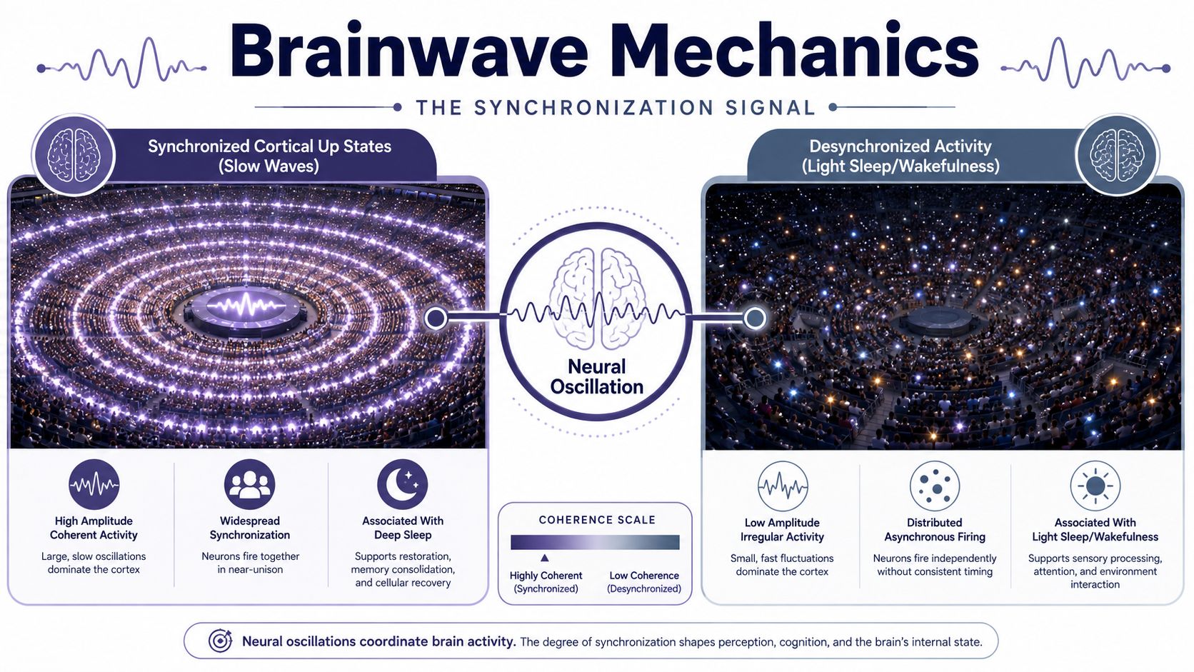 An infographic illustrating brainwave mechanics, comparing synchronized slow waves during deep sleep to desynchronized activity during wakefulness.