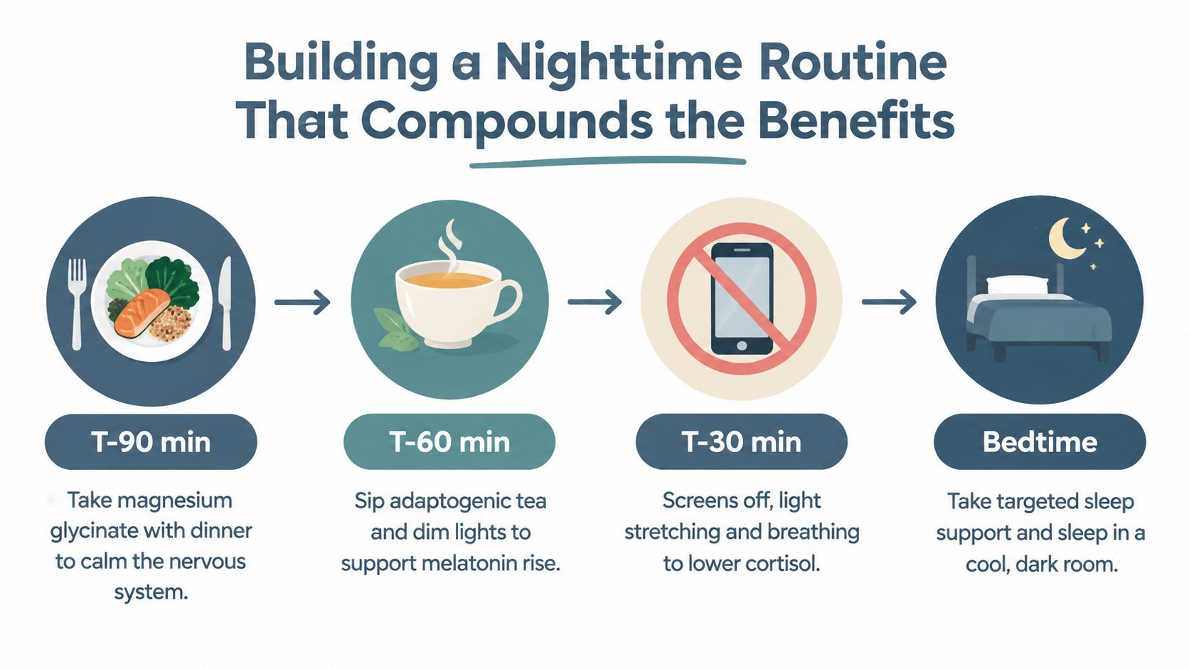 A four-step infographic illustrating a nighttime routine with specific tasks performed before bedtime for better sleep quality.