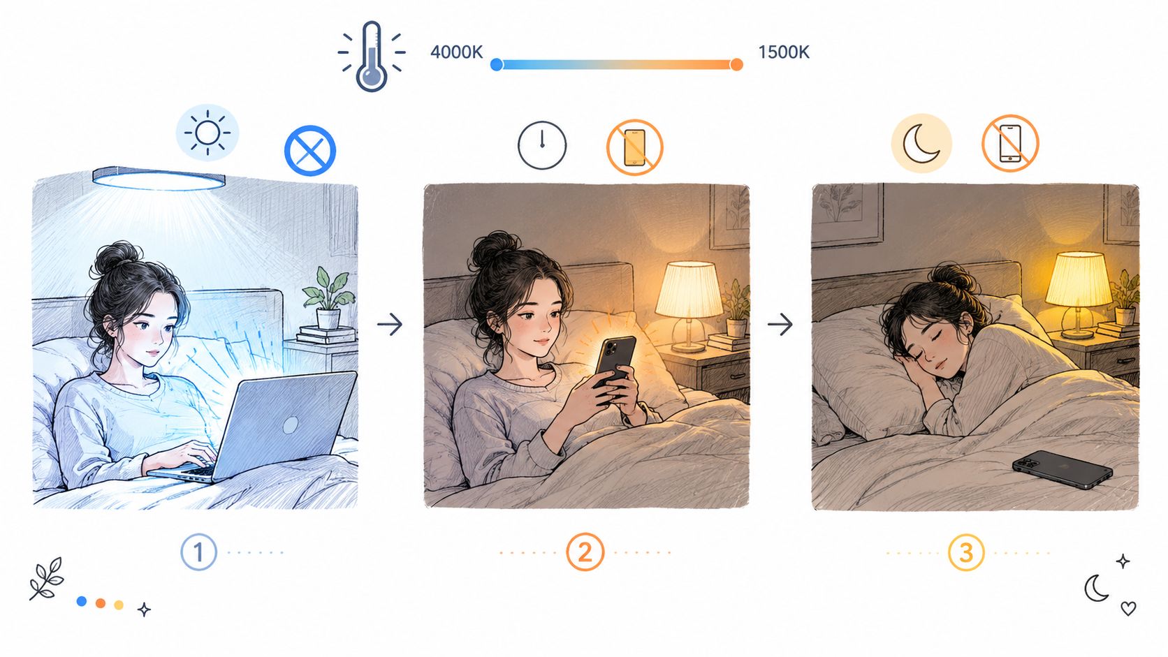 An illustration showing a woman transitioning from using a bright laptop to a phone and finally sleeping.