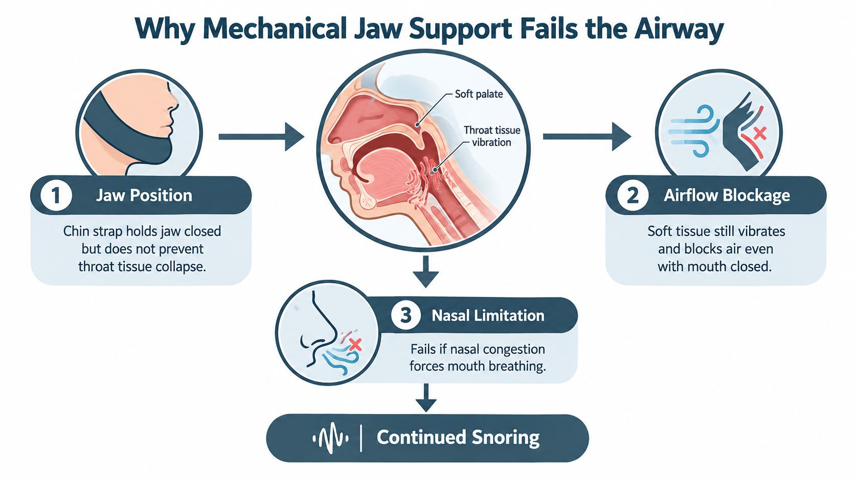 A diagram explaining why mechanical jaw support chin straps fail to prevent snoring and airway obstruction.