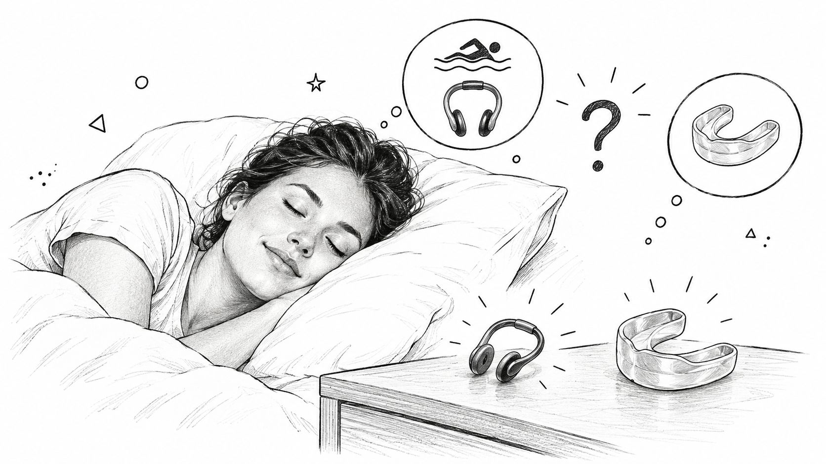 A line-drawn illustration of a woman sleeping with floating thought bubbles depicting swimming gear and a dental mouthguard.