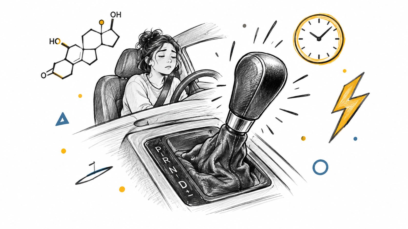 A tired woman sitting in a car with a gear shifter, sleep hormone molecule, and clock.
