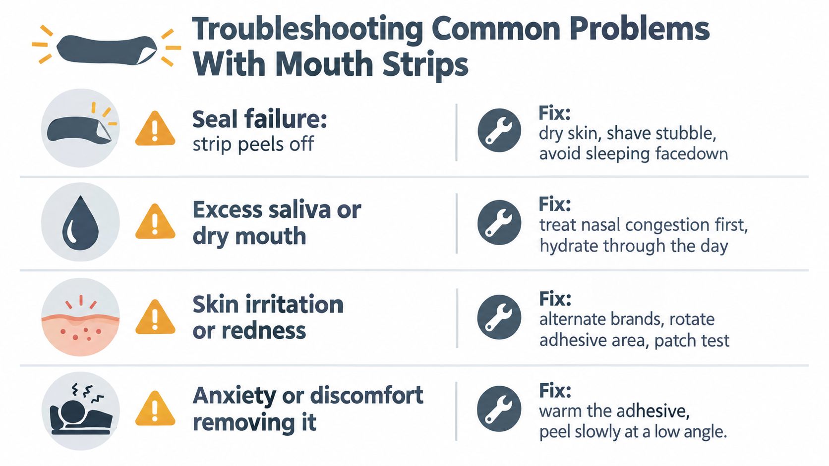 A troubleshooting infographic for common problems with sleep mouth strips including seal failure, saliva, irritation, and discomfort.