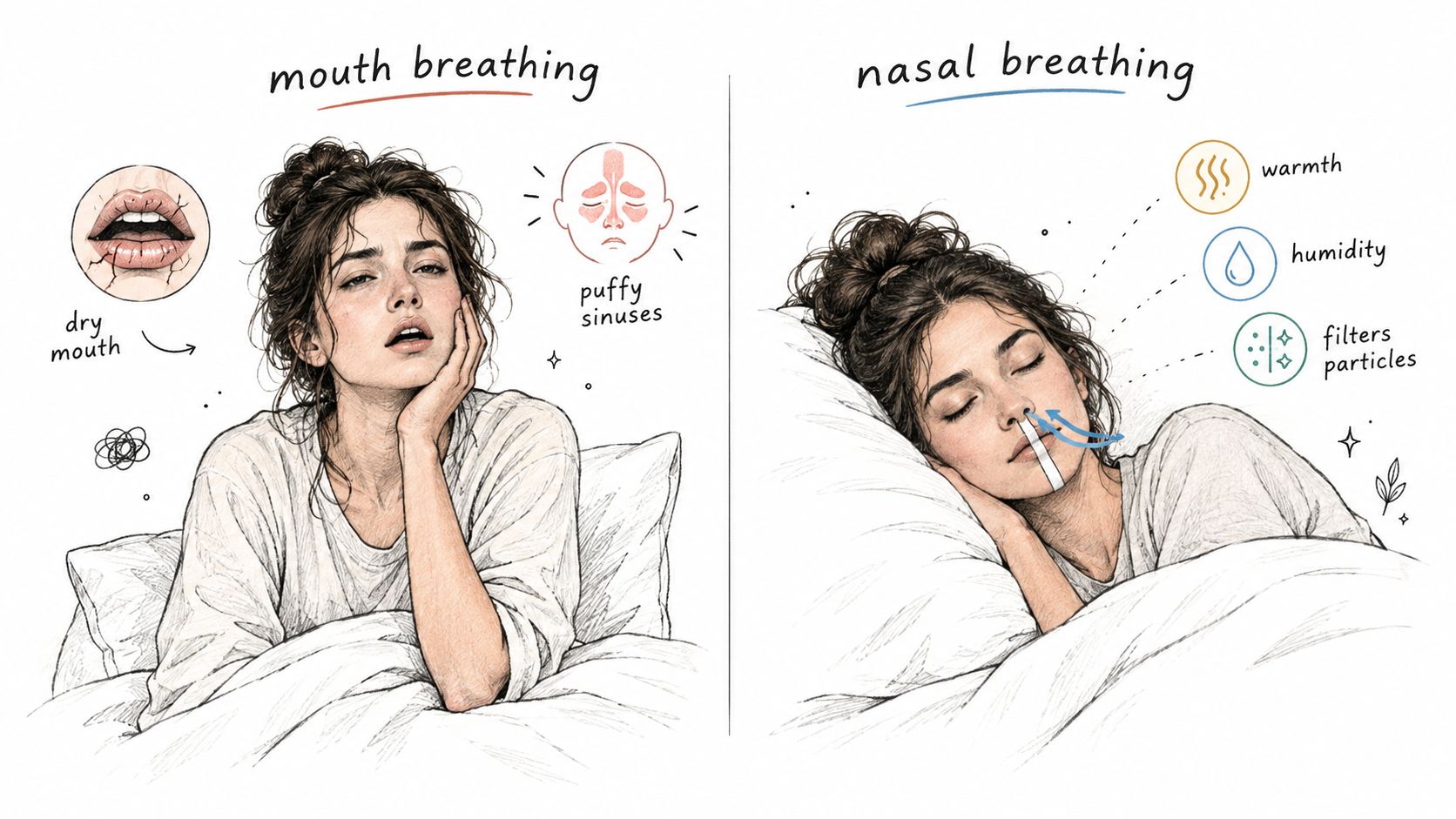 A split illustration comparing the negative effects of mouth breathing versus the benefits of nasal breathing while sleeping.