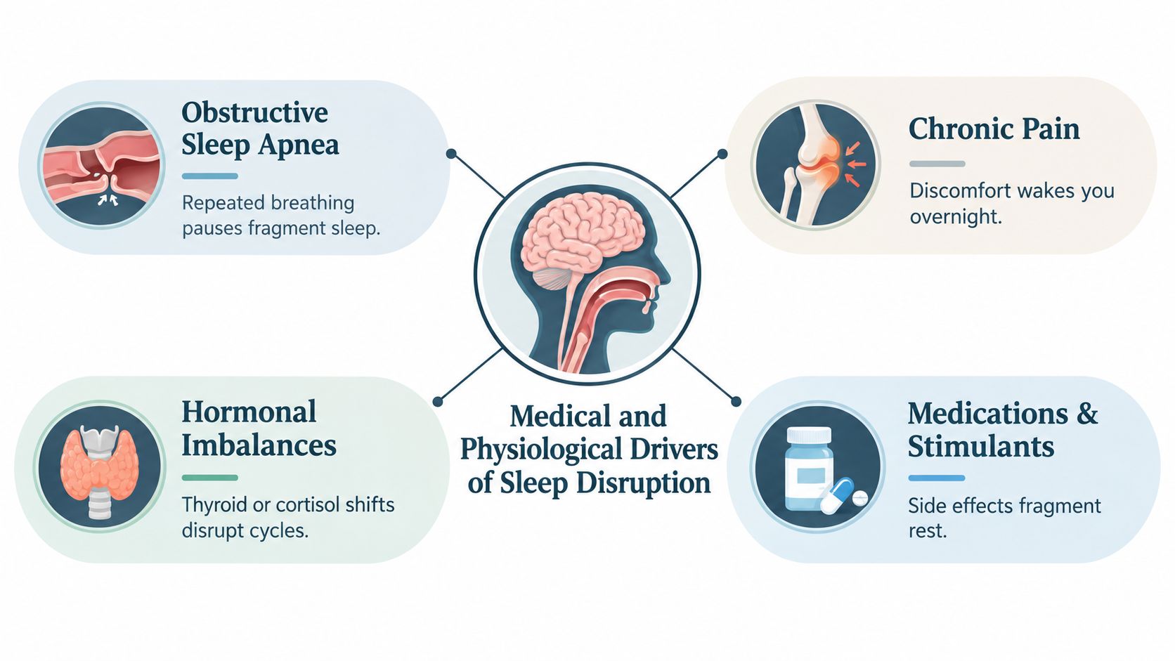 A diagram illustrating medical and physiological factors that cause sleep disruption, including pain, hormones, apnea, and medications.