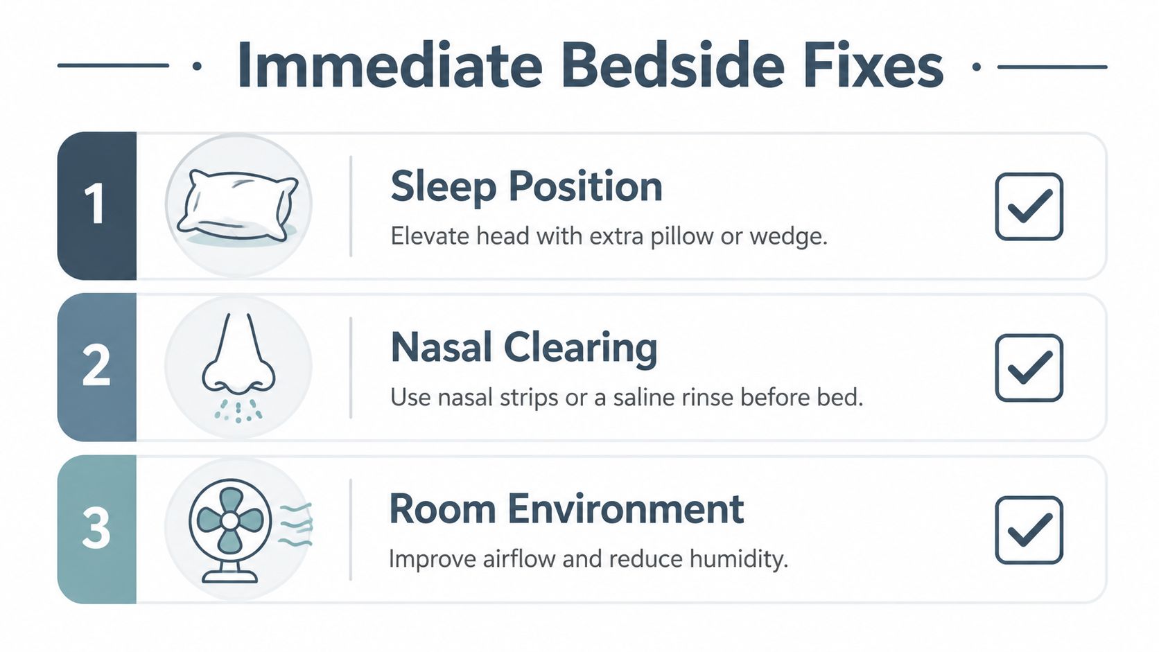A graphic showing three simple bedside tips to reduce snoring including sleep position, nasal clearing, and environment.
