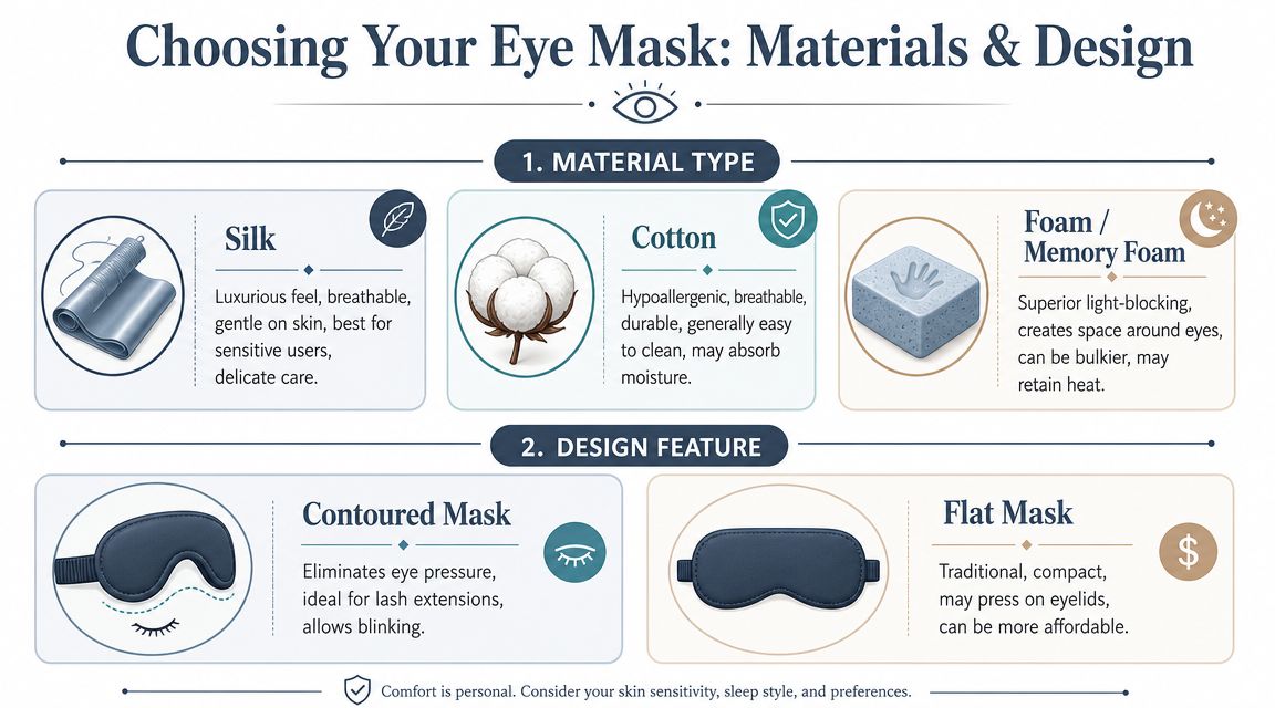 An infographic titled Choosing Your Eye Mask explaining different material types and design features for sleep masks.