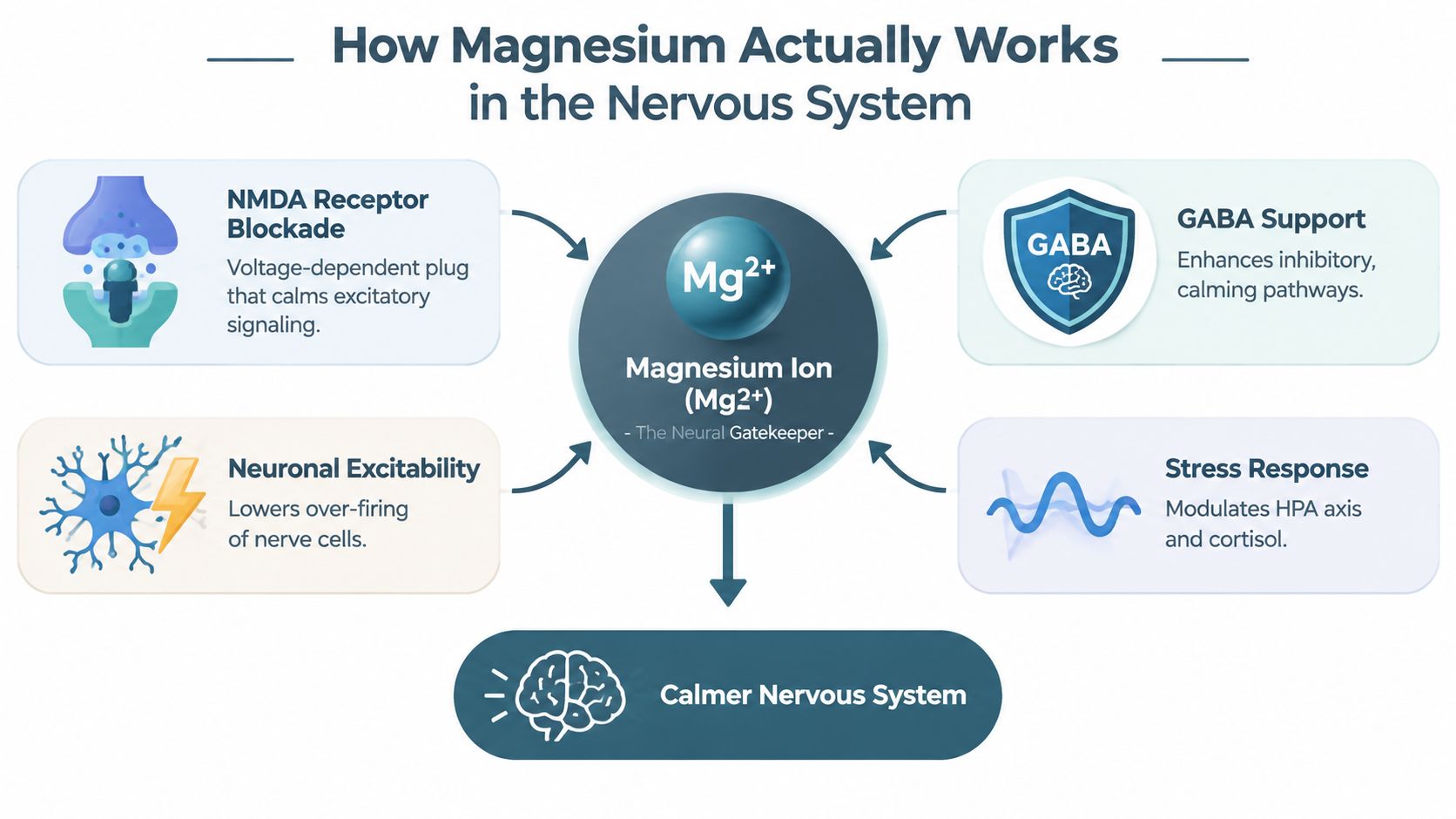 An infographic illustrating how magnesium ions act as neural gatekeepers to support a calmer nervous system.