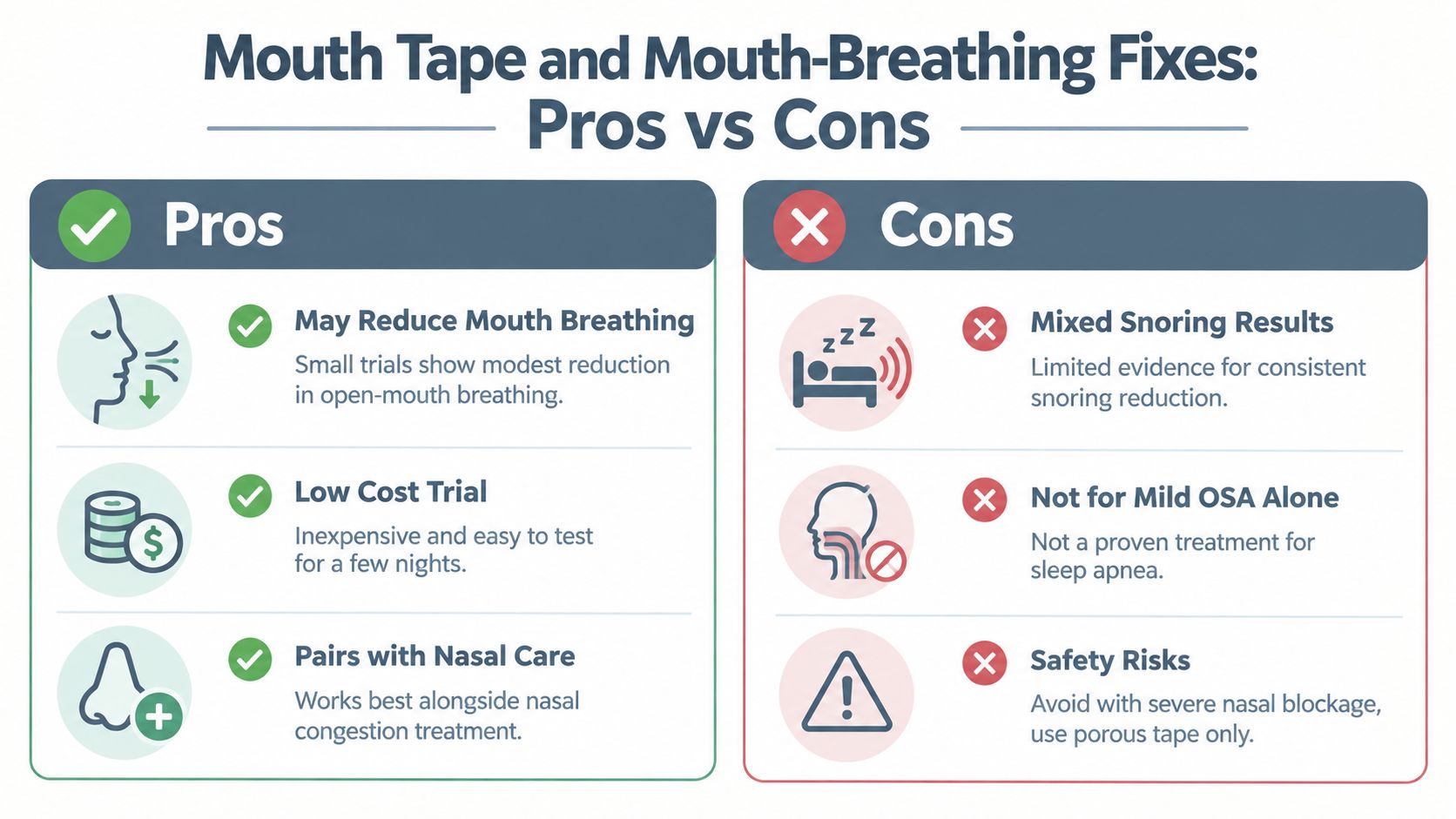 An infographic displaying the pros and cons of using mouth tape to fix mouth-breathing habits while sleeping.