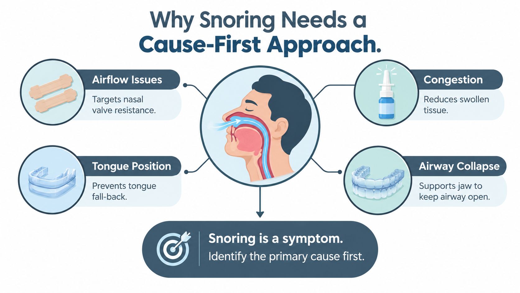 A diagram illustrating a cause-first approach to snoring, detailing different remedies for various respiratory issues.