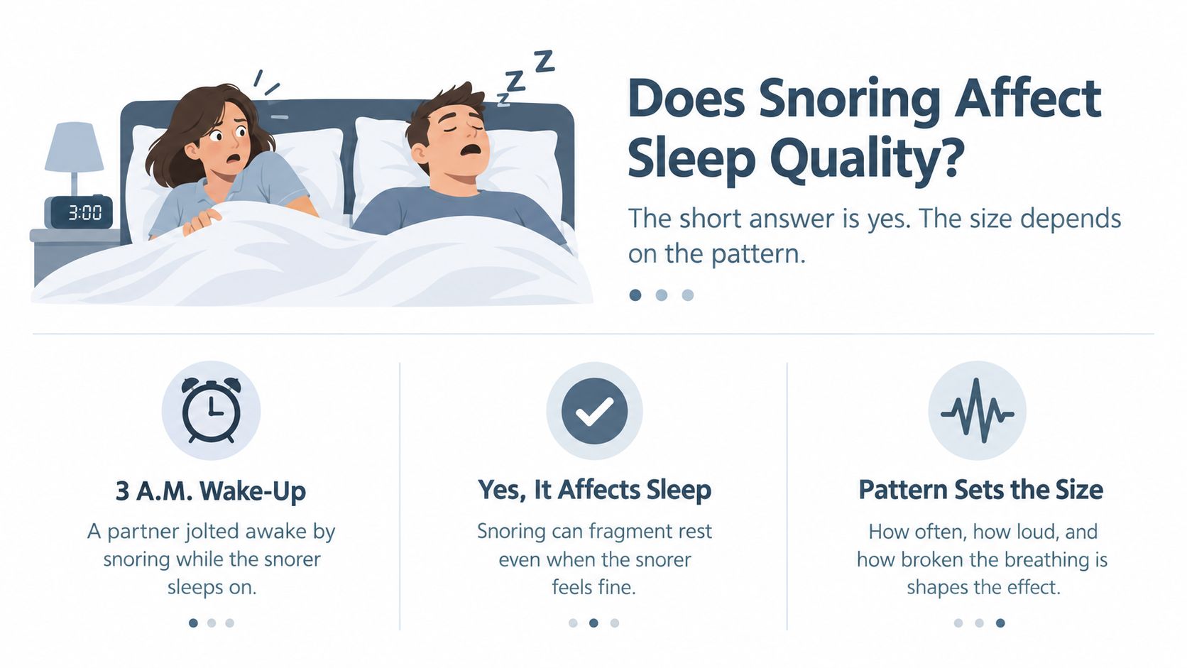An illustration showing a woman awakened by her partner snoring in bed at 3 A.M.