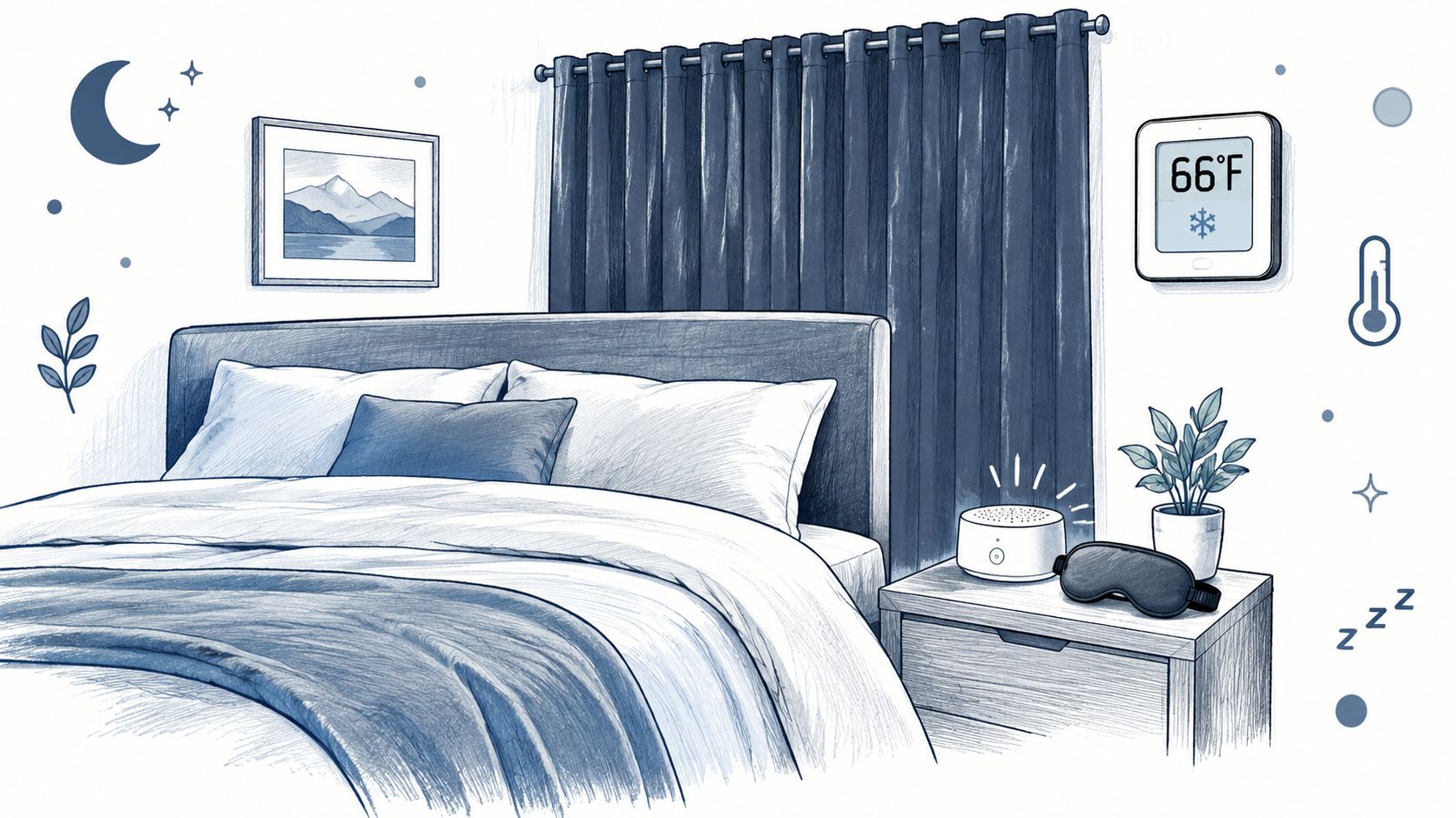 A cozy bedroom with a neatly made bed, sleep mask, sound machine, and thermostat set to 66 degrees.
