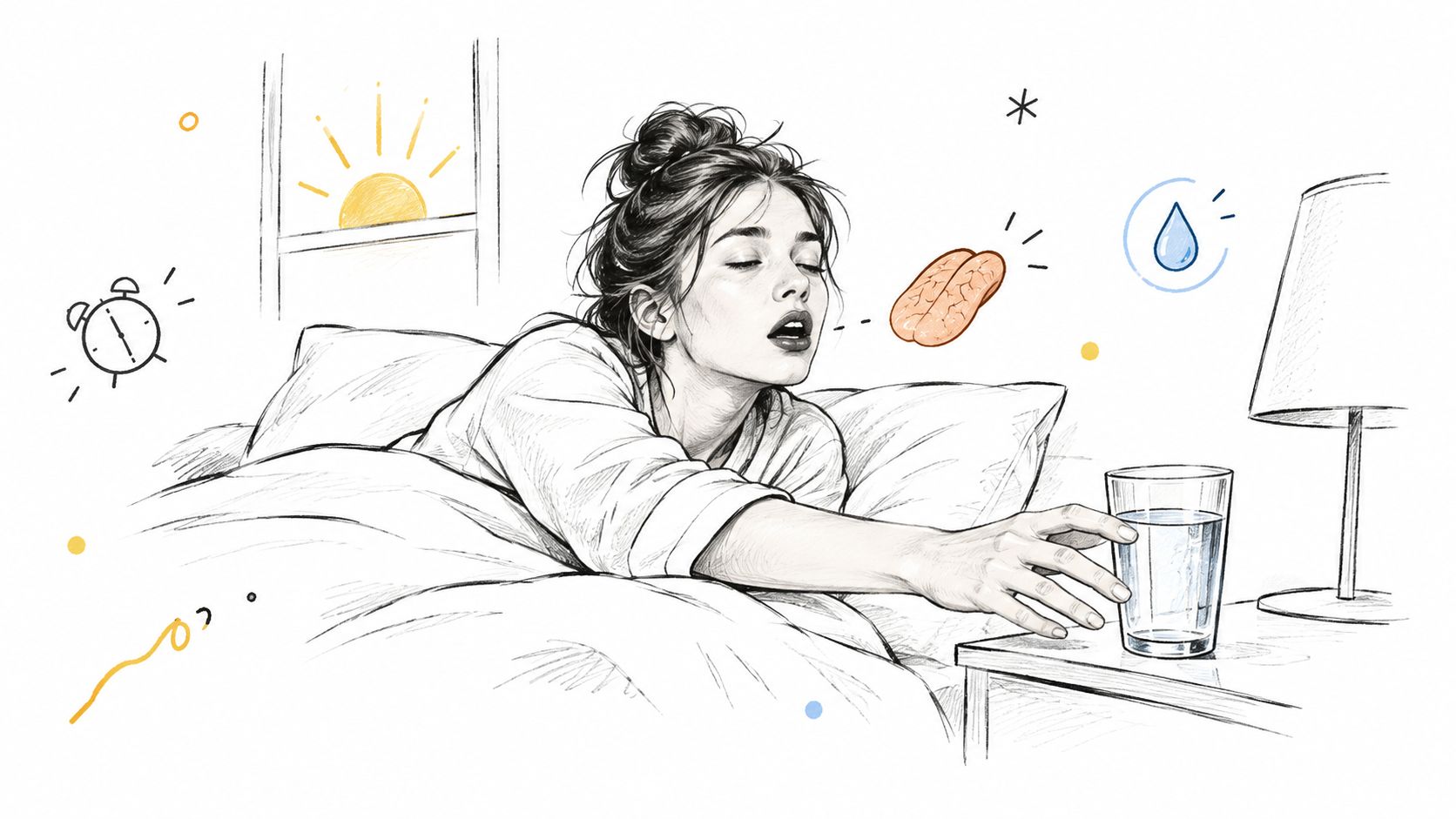 A woman waking up in bed reaching for a glass of water, illustrating dry mouth symptoms.