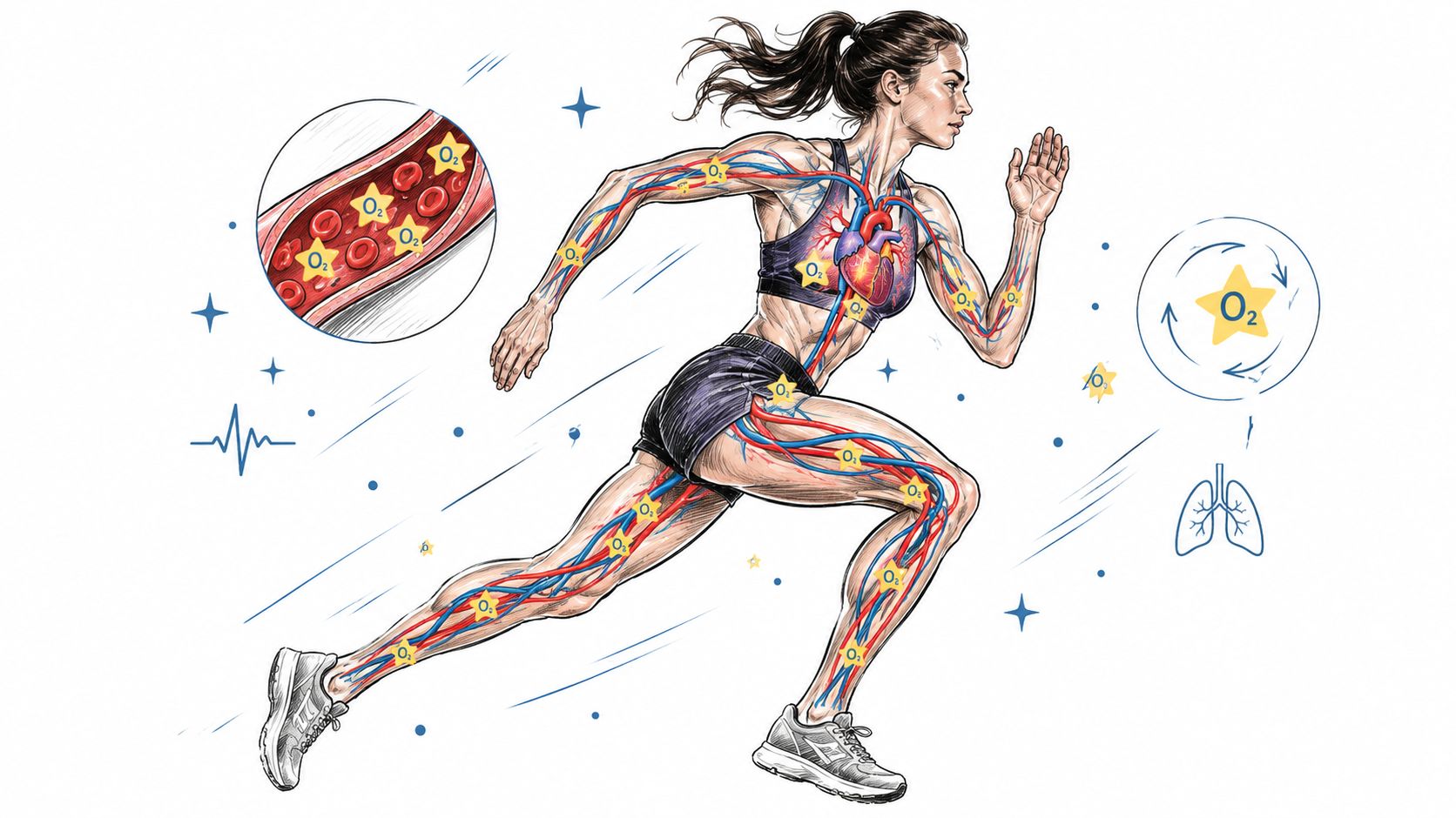 An illustration of a runner showing blood vessels, oxygen molecules, the heart, and lung function.