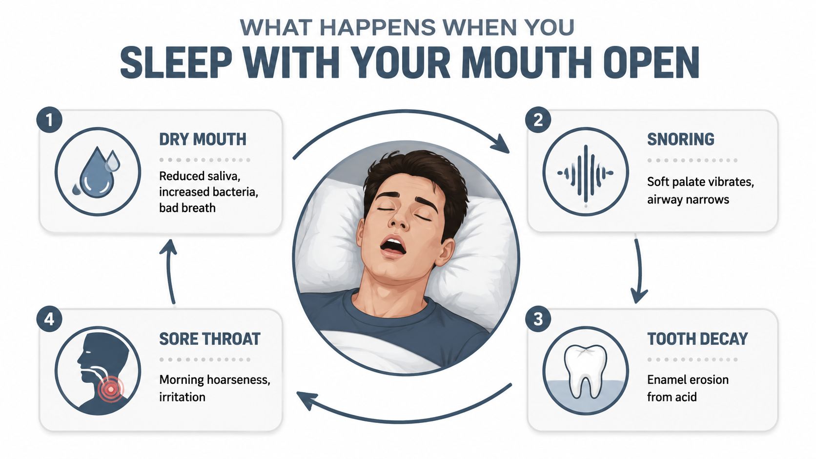 An infographic illustrating four health consequences of sleeping with an open mouth, including dry mouth and snoring.