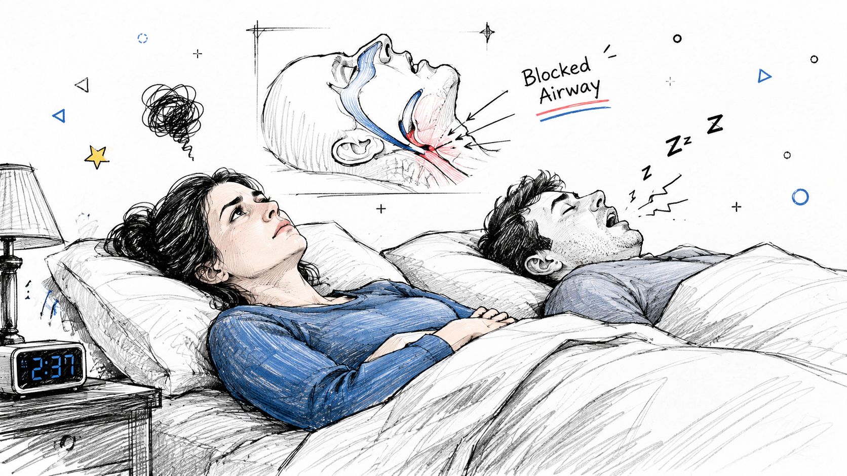 A woman lying awake in bed, frustrated by her partner who is snoring loudly due to sleep apnea.