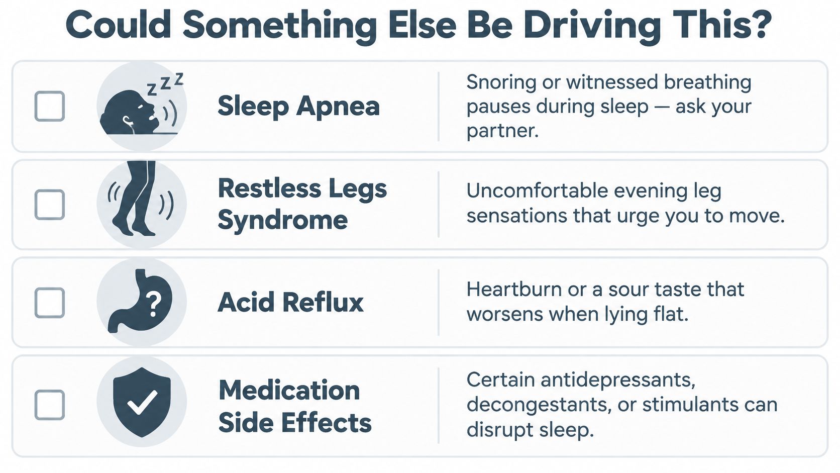 A list of potential causes for sleep issues including sleep apnea, restless legs syndrome, acid reflux, and medications.